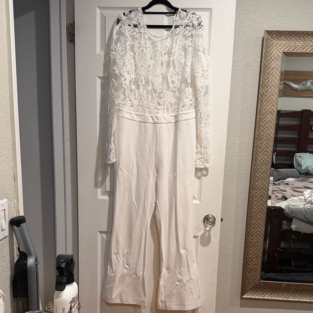 SHEIN White Lace Long Sleeve Jumpsuit